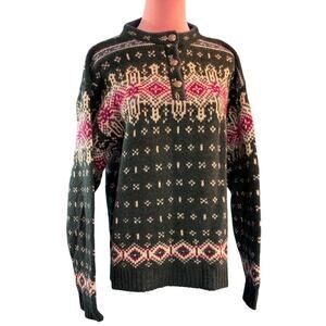 VTG USA Made LL Bean Wool Pullover Sweater Green Intarsia Nordic Design Button M